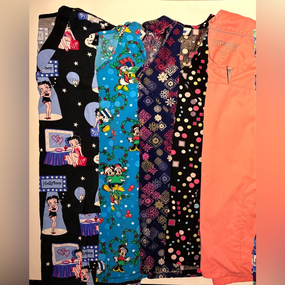Bundle of 5 Scrubs tops consisting of Disney, Betty Boop& decorative Size medium